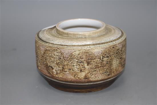 An early Troika drum shaped bowl, c.1963-65, no decorators mark, mark inscribed in blue TROIKA St. IVES with a trident mark, diameter